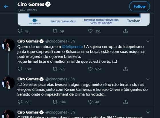 Ciro Gomes defende Felipe Neto após ataque de petista
