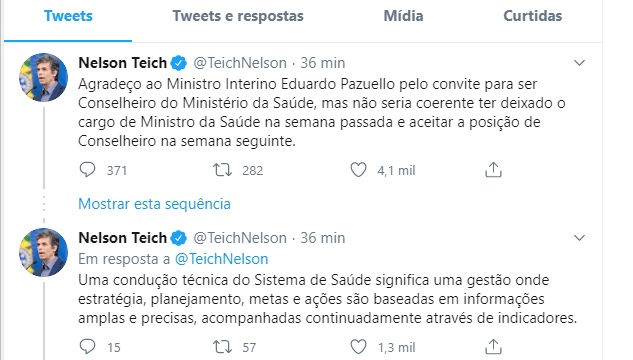 Teich recusa convite para aconselhar Ministério